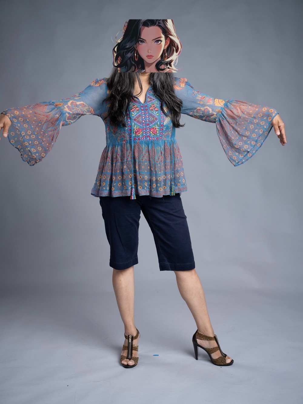 Ritu Kumar Blue Embroidered Peplum Bell-Sleeve Tunic